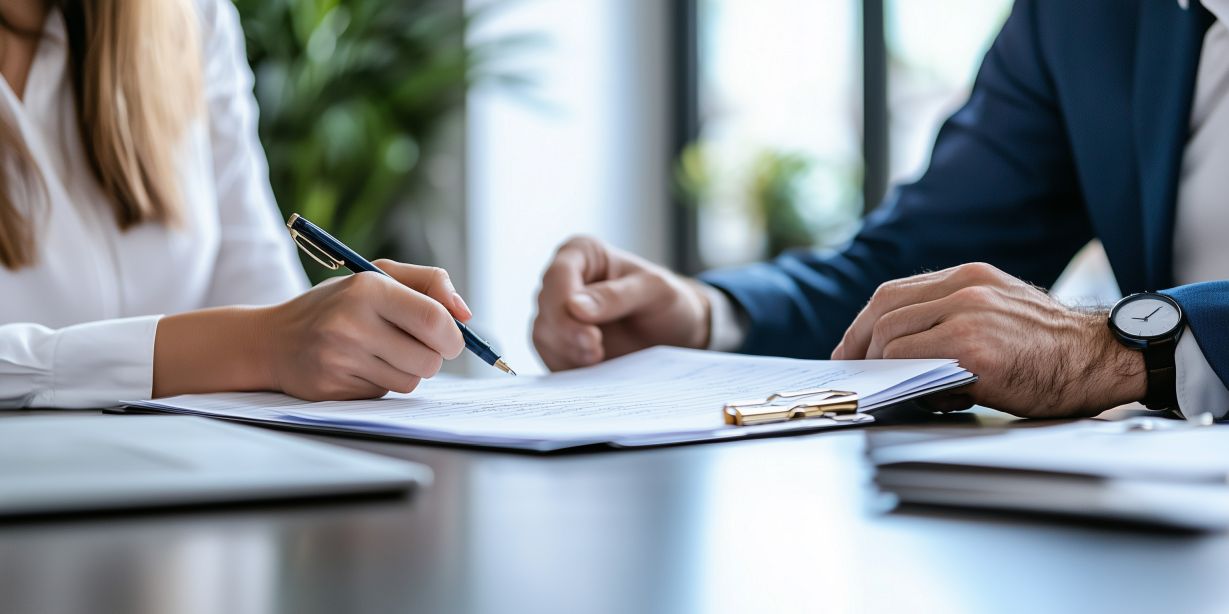 Zwei Personen prüfen und unterzeichnen offizielle Unterlagen, typische Situation bei Verträgen und behördlichen Dokumenten für beglaubigte Übersetzungen.