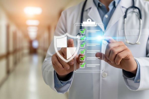 Checkliste für das Gesundheitswesen Sicherheit, Arzt im Laborkittel mit Schild-Symbol und digitalem Klemmbrett