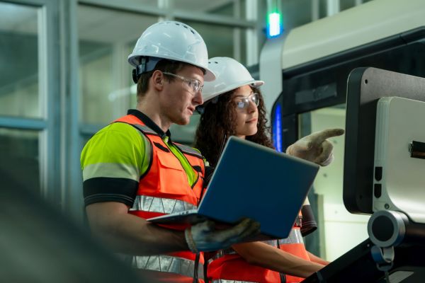 Industriearbeiter interagiert mit digitalem Interface zum Thema industrielle Terminologie: Symbol für Terminologiemanagement und präzise Fachsprache in technischen Übersetzungen.