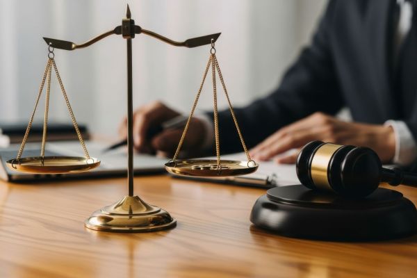 Waage und Richterhammer als Symbol für rechtliche Präzision und die Bedeutung exakter Patentübersetzungen.